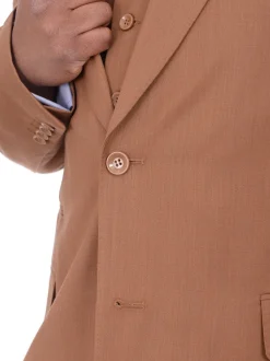 Apollo King Mens Solid Brown Three Piece Wool Suit With Peak Lapel