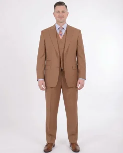Apollo King Mens Solid Brown Three Piece Wool Suit With Peak Lapel