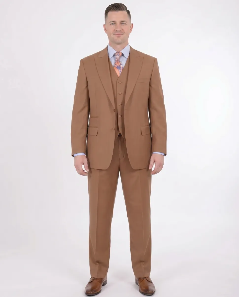 Apollo King Mens Solid Brown Three Piece Wool Suit With Peak Lapel