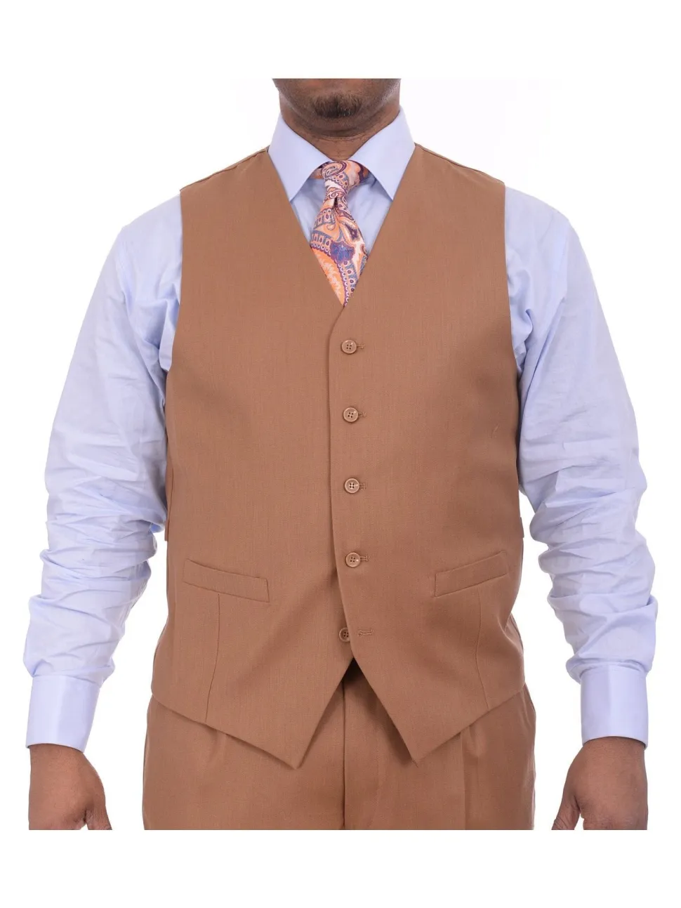 Apollo King Mens Solid Brown Three Piece Wool Suit With Peak Lapel
