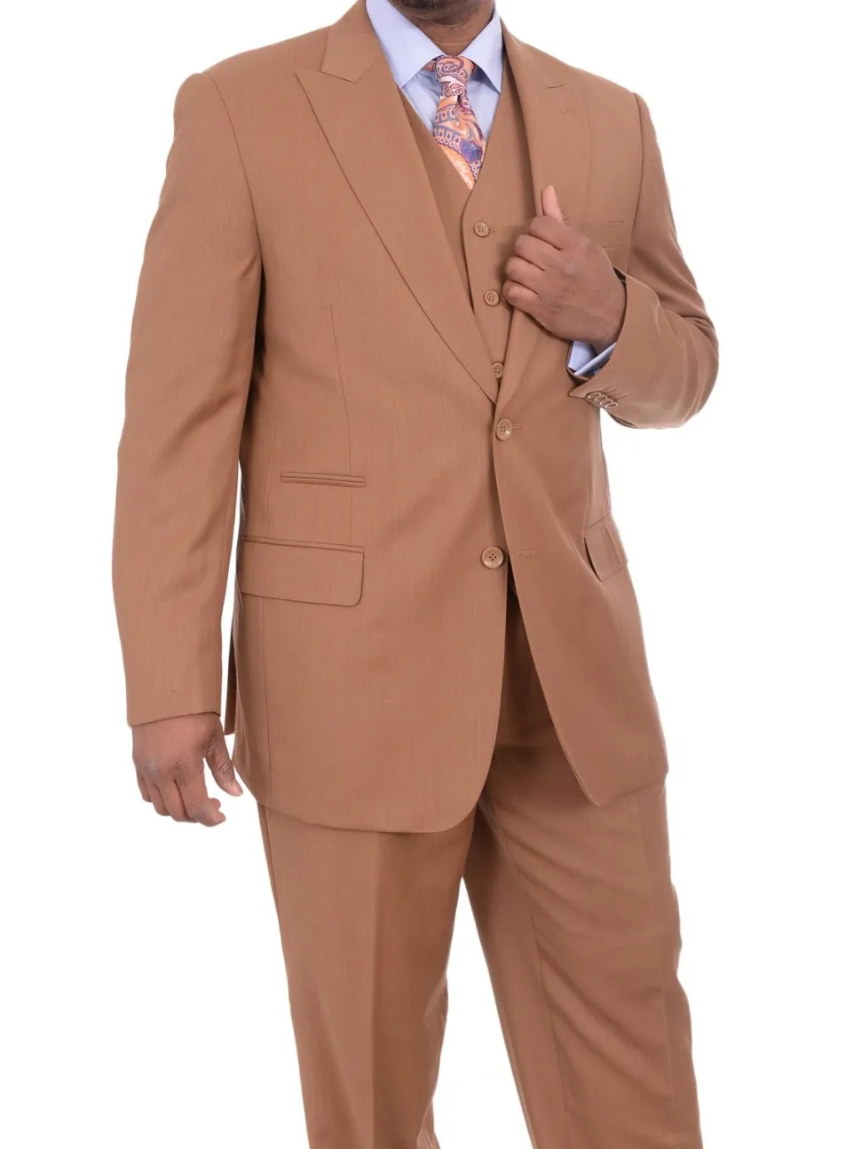 Apollo King Mens Solid Brown Three Piece Wool Suit With Peak Lapel