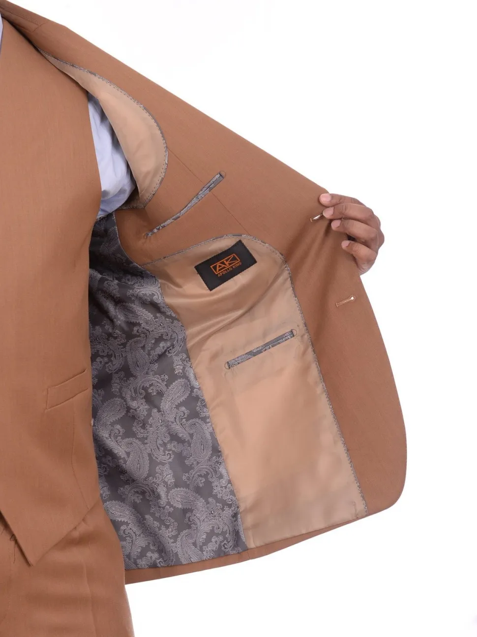 Apollo King Mens Solid Brown Three Piece Wool Suit With Peak Lapel