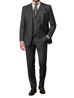 Apollo King Mens Textured Charcoal Gray Classic Fit Peak Lapel 3-Piece Wool Suit