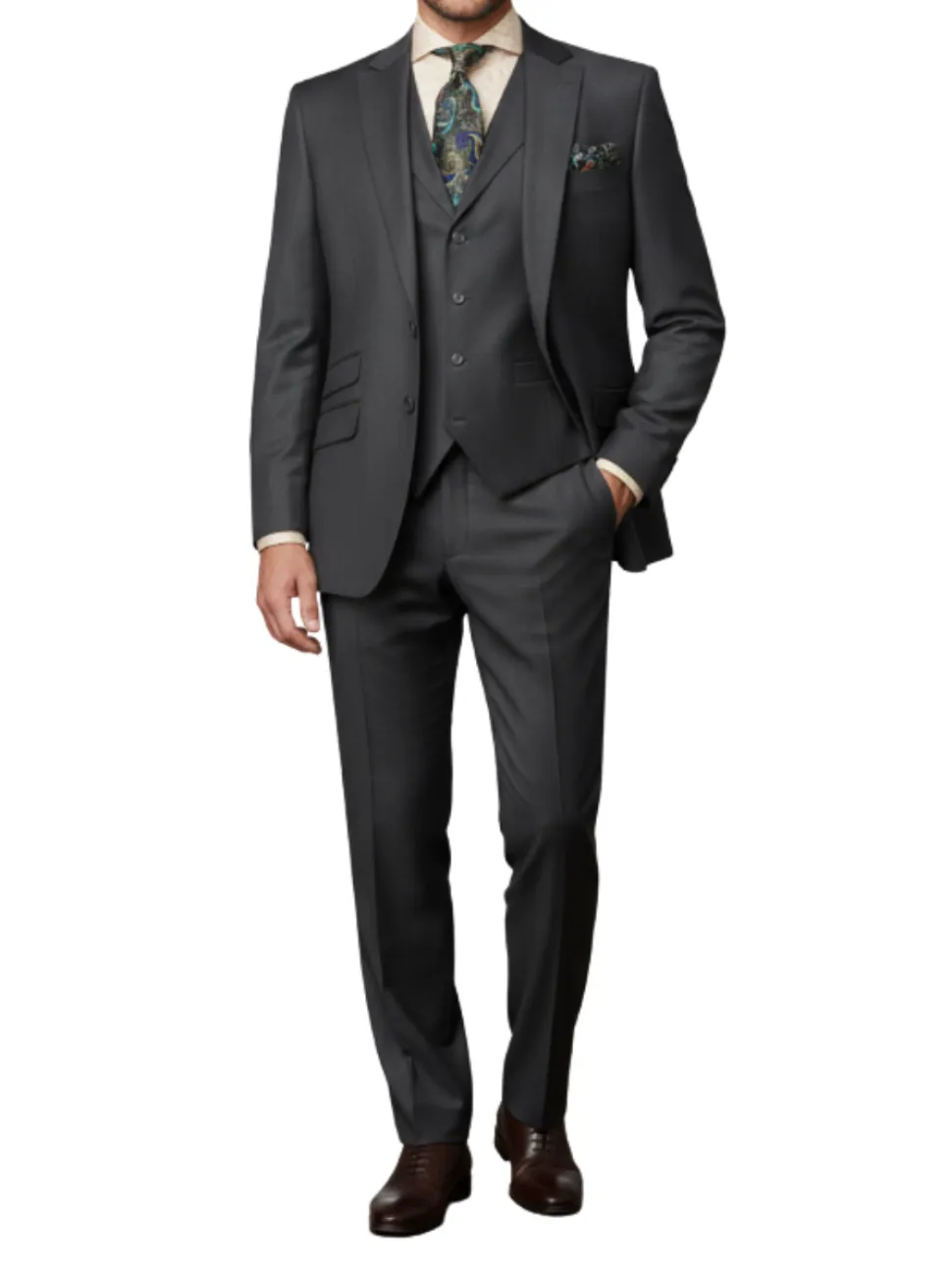 Apollo King Mens Textured Charcoal Gray Classic Fit Peak Lapel 3-Piece Wool Suit