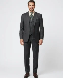 Apollo King Mens Textured Charcoal Gray Classic Fit Peak Lapel 3-Piece Wool Suit