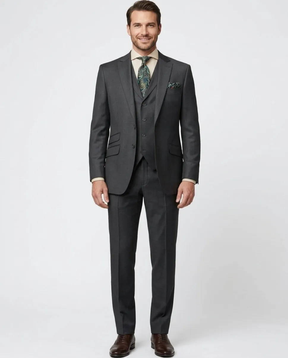 Apollo King Mens Textured Charcoal Gray Classic Fit Peak Lapel 3-Piece Wool Suit