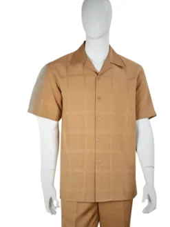 Apollo King Royal Diamond Men’s Tan Tonal Windowpane Short Sleeve Walking Suit