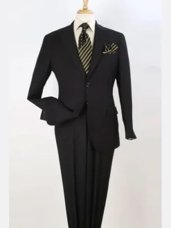Apollo King Solid Black 100% Wool Classic Fit Three Piece Suit with Peak Lapels