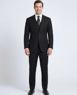 Apollo King Solid Black 100% Wool Classic Fit Three Piece Suit with Peak Lapels