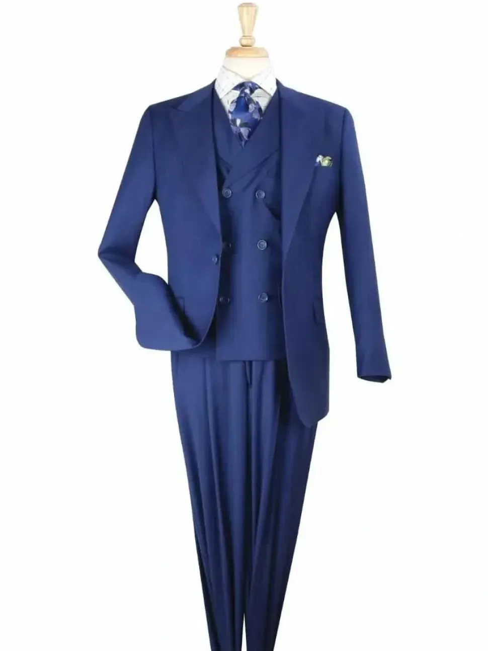 Apollo King Solid Blue 100% Wool Classic Fit 3 Piece Pleated Suit with Peak Lapels