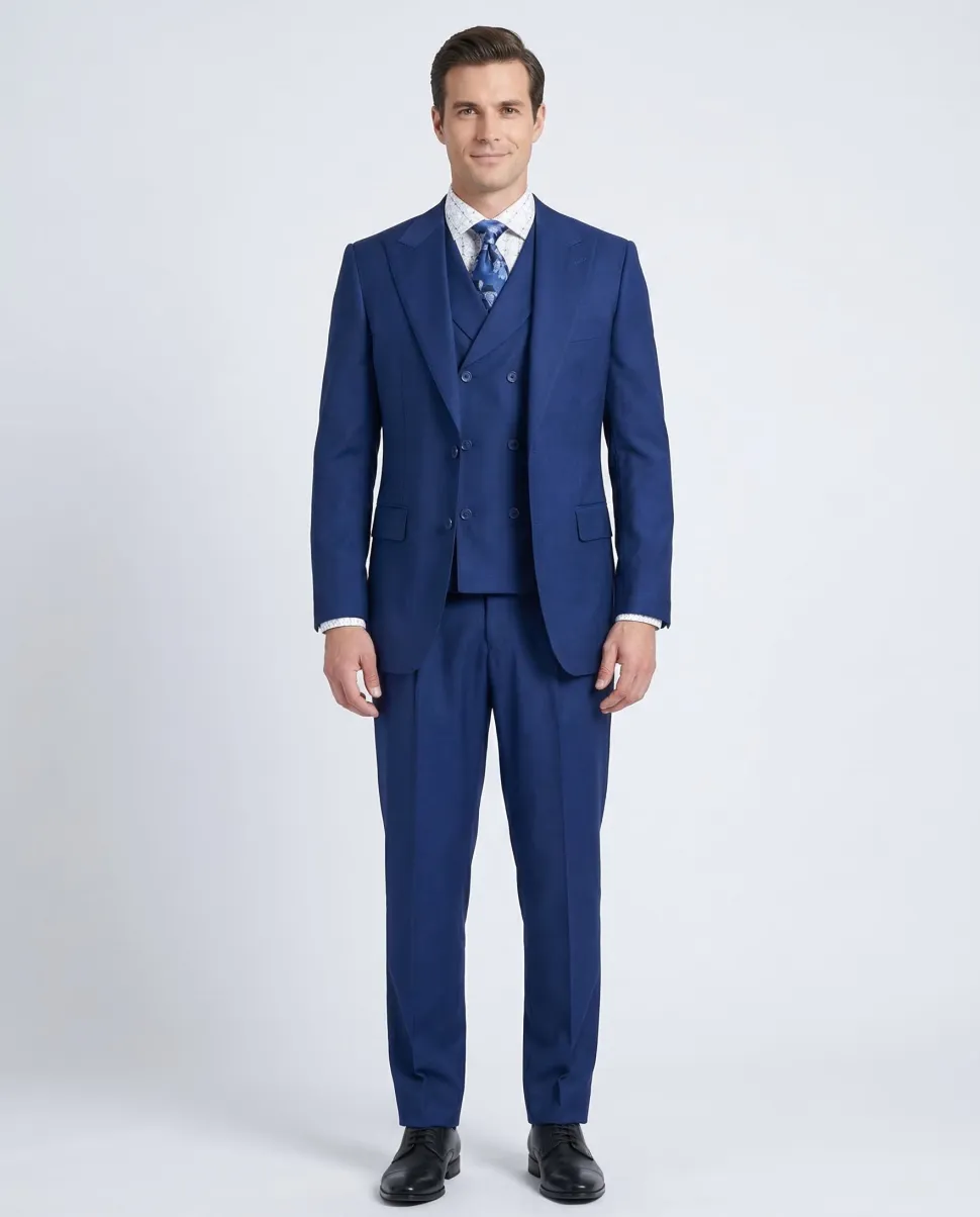Apollo King Solid Blue 100% Wool Classic Fit 3 Piece Pleated Suit with Peak Lapels