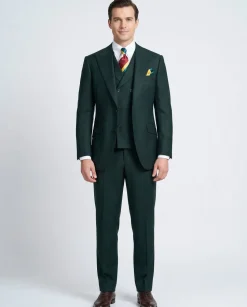 Apollo King Solid Green 100% Wool Classic Fit Three Piece Suit with Peak Lapels