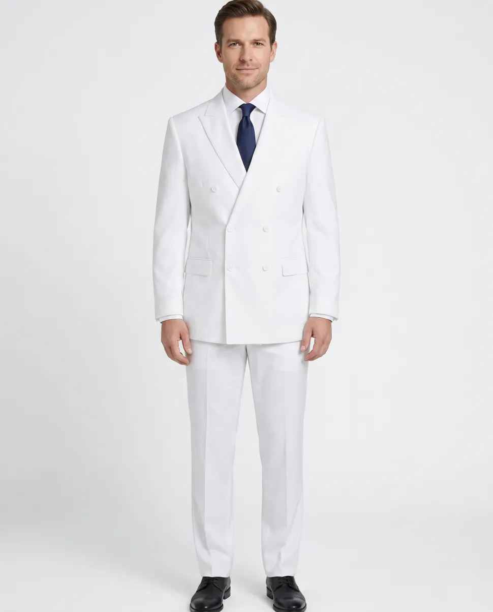 Apollo King Solid White Double Breasted Suit 46R