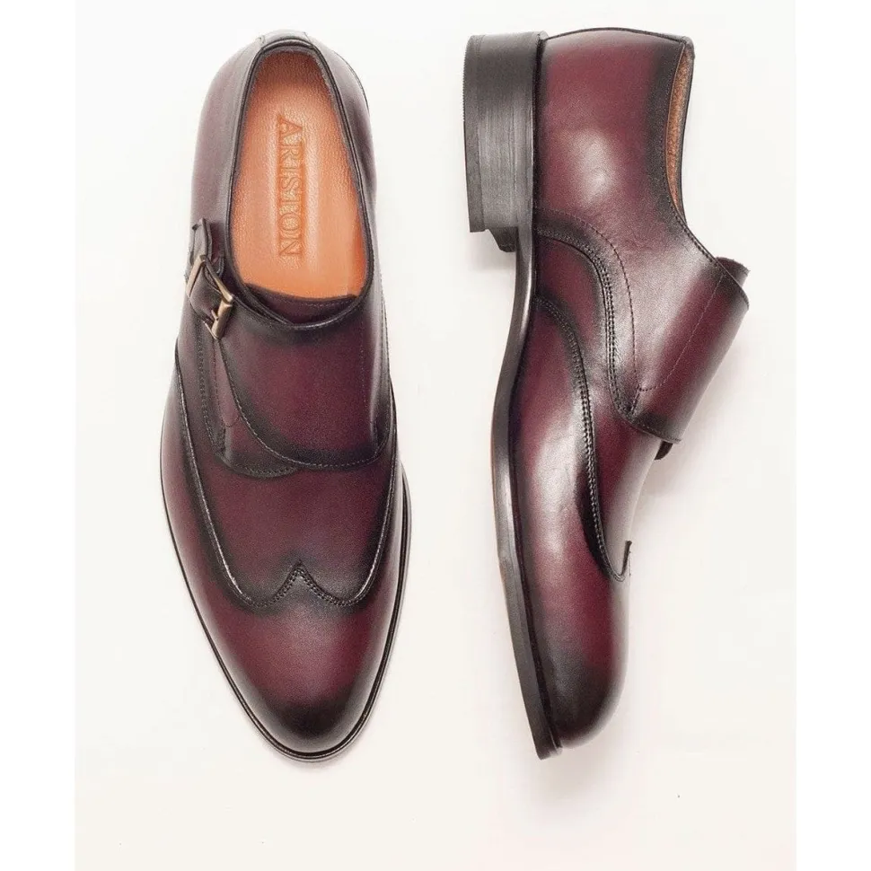 Ariston Mens Burgundy Single Monk Strap Leather Dress Shoes