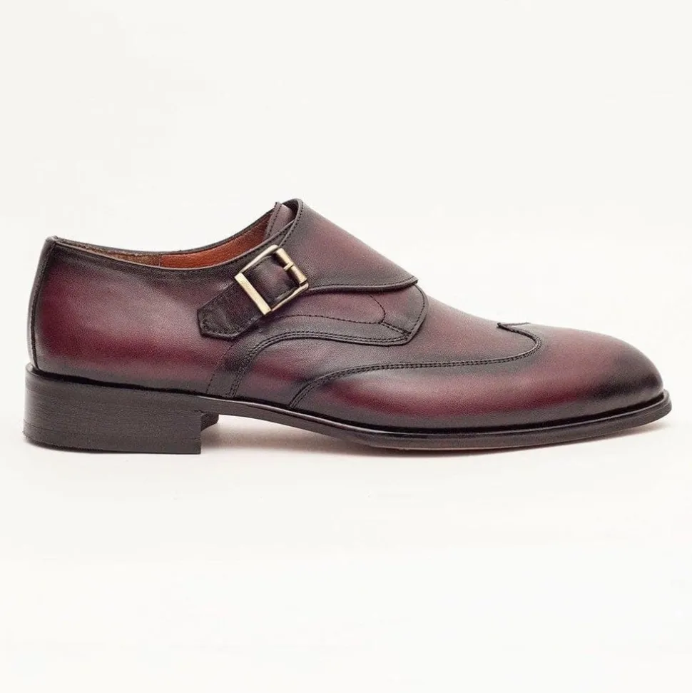 Ariston Mens Burgundy Single Monk Strap Leather Dress Shoes