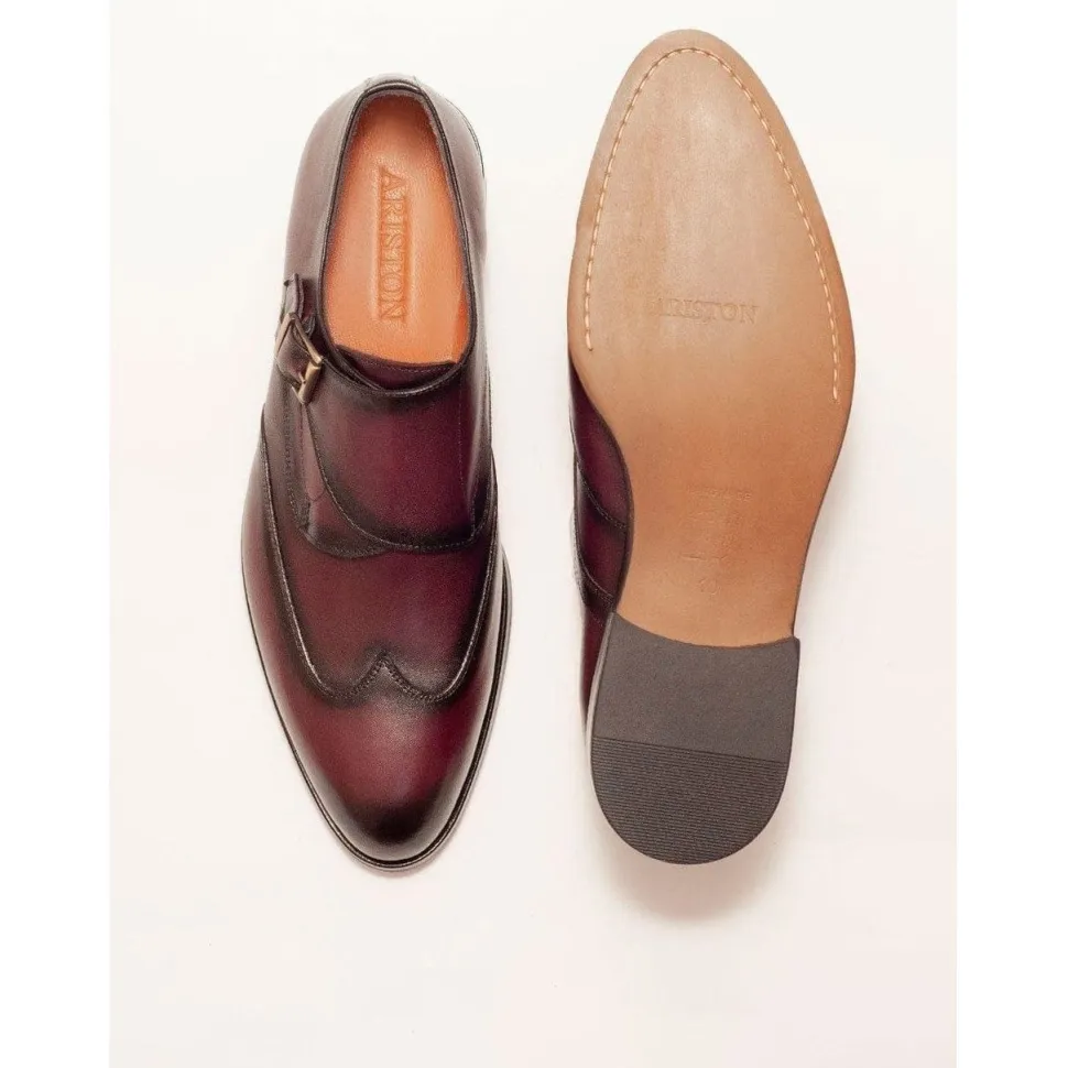 Ariston Mens Burgundy Single Monk Strap Leather Dress Shoes
