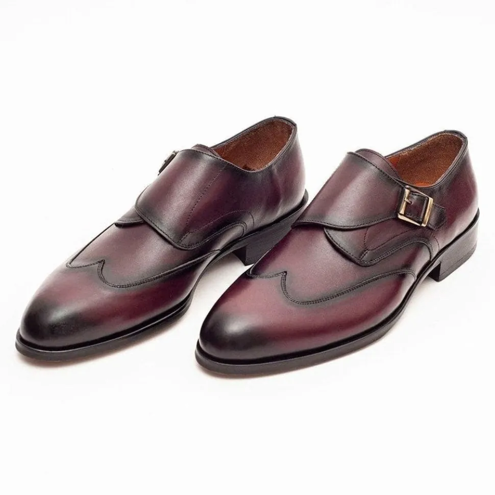 Ariston Mens Burgundy Single Monk Strap Leather Dress Shoes