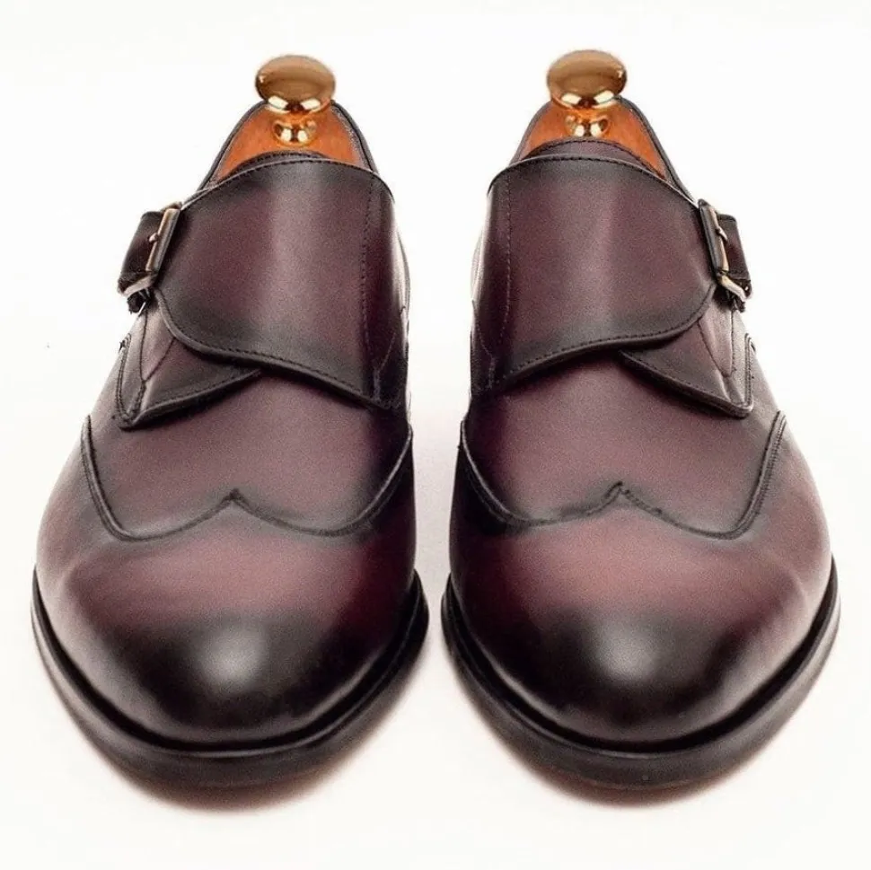 Ariston Mens Burgundy Single Monk Strap Leather Dress Shoes