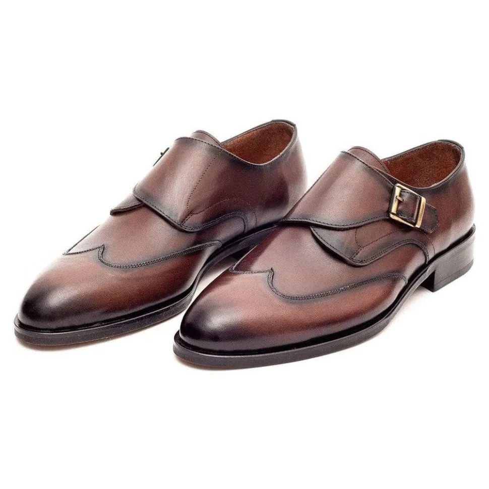 Ariston Mens Chestnut Brown Single Monk Strap Leather Dress Shoes
