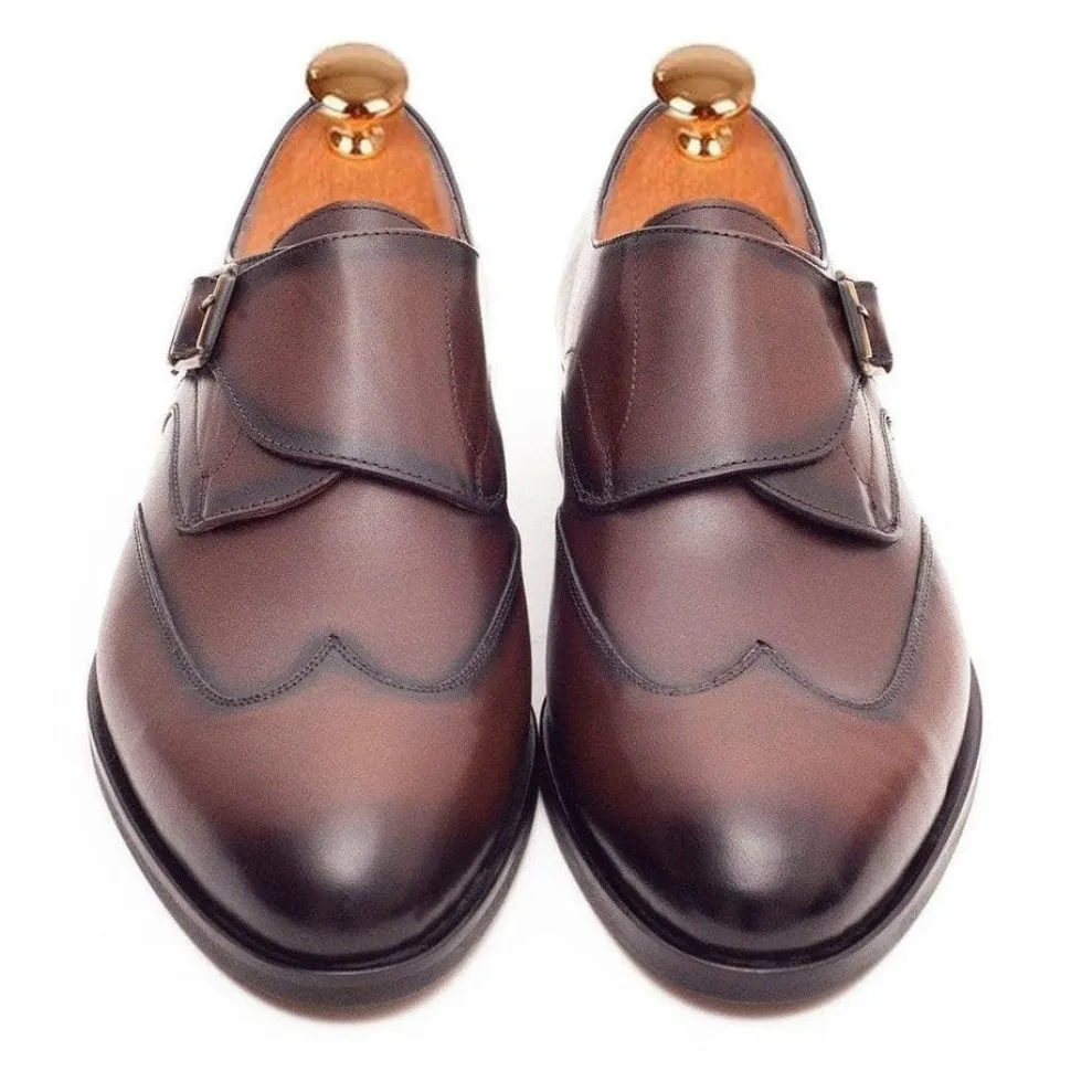 Ariston Mens Chestnut Brown Single Monk Strap Leather Dress Shoes