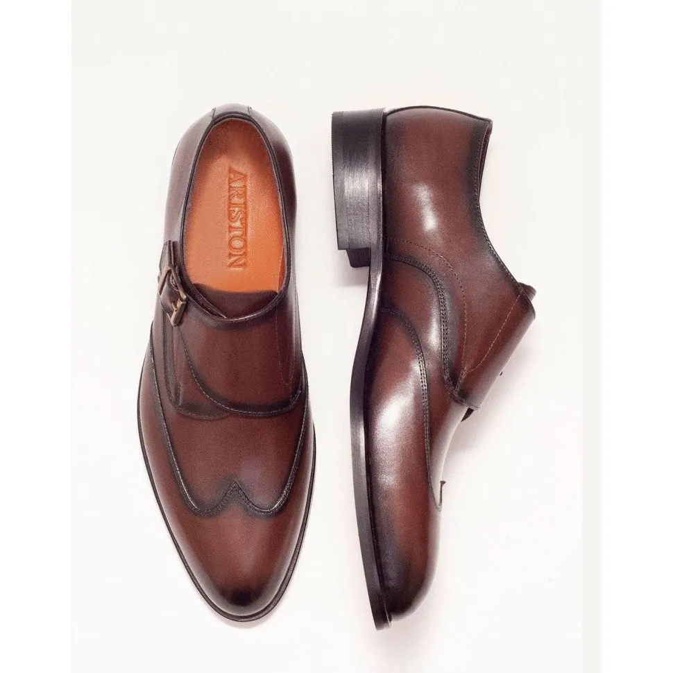 Ariston Mens Chestnut Brown Single Monk Strap Leather Dress Shoes