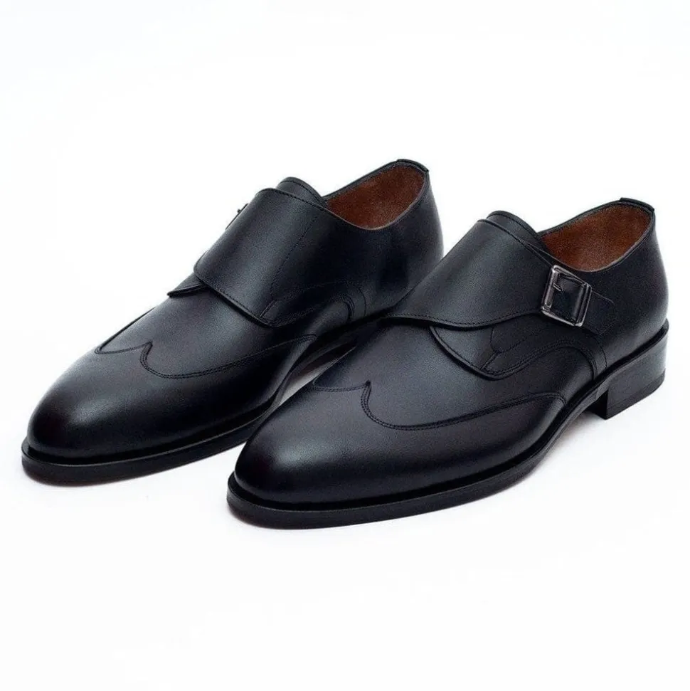 Ariston Mens Solid Black Single Monk Strap Leather Dress Shoes