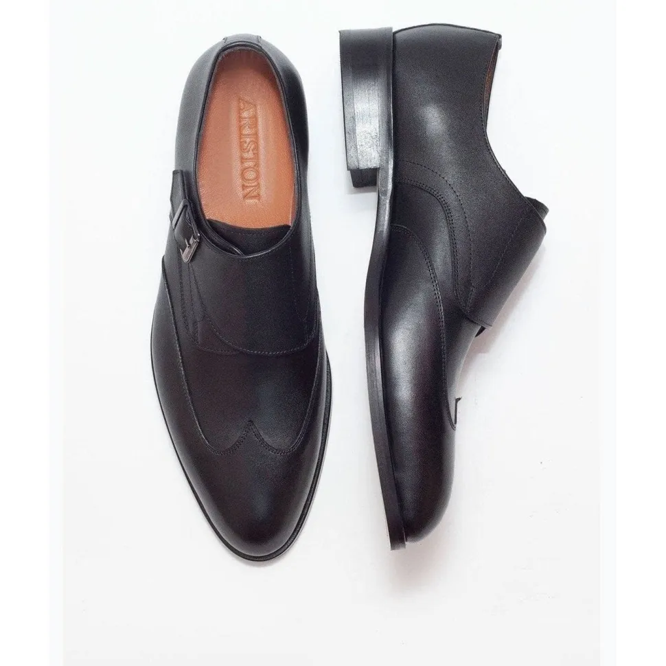 Ariston Mens Solid Black Single Monk Strap Leather Dress Shoes