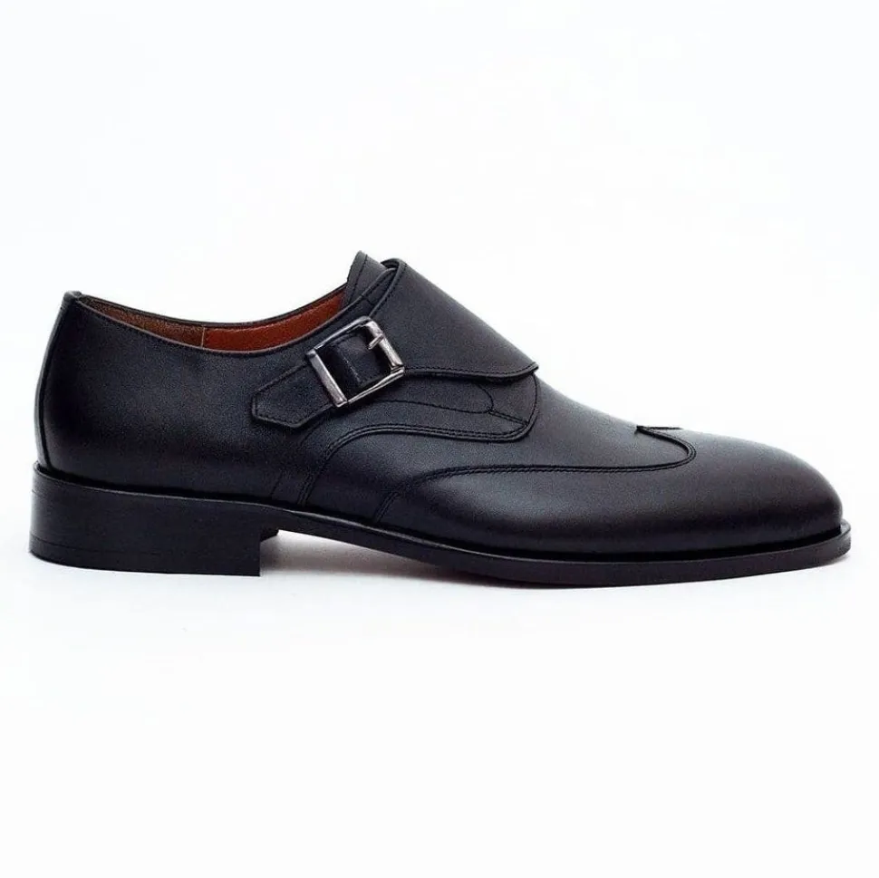 Ariston Mens Solid Black Single Monk Strap Leather Dress Shoes