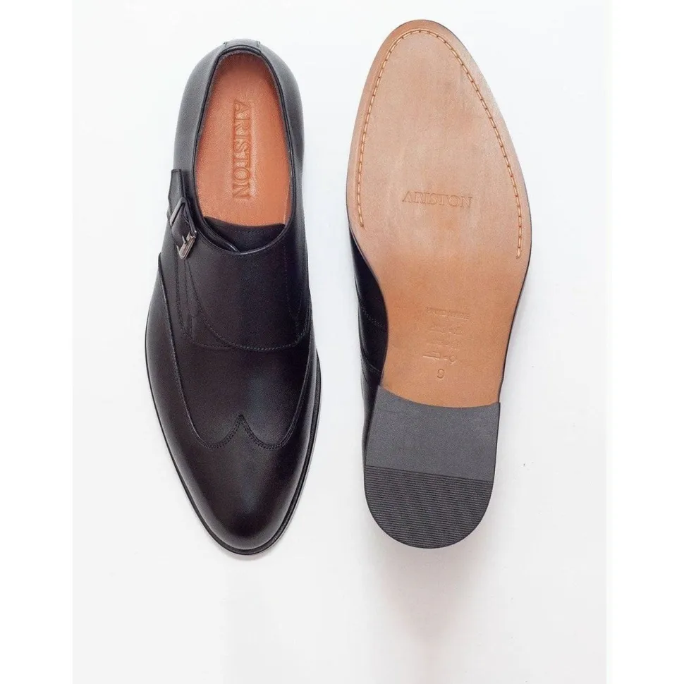 Ariston Mens Solid Black Single Monk Strap Leather Dress Shoes