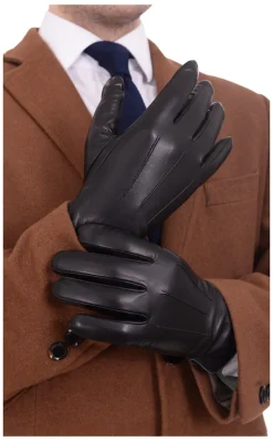 Ariston Mens Solid Black Touch Screen Genuine Leather Gloves