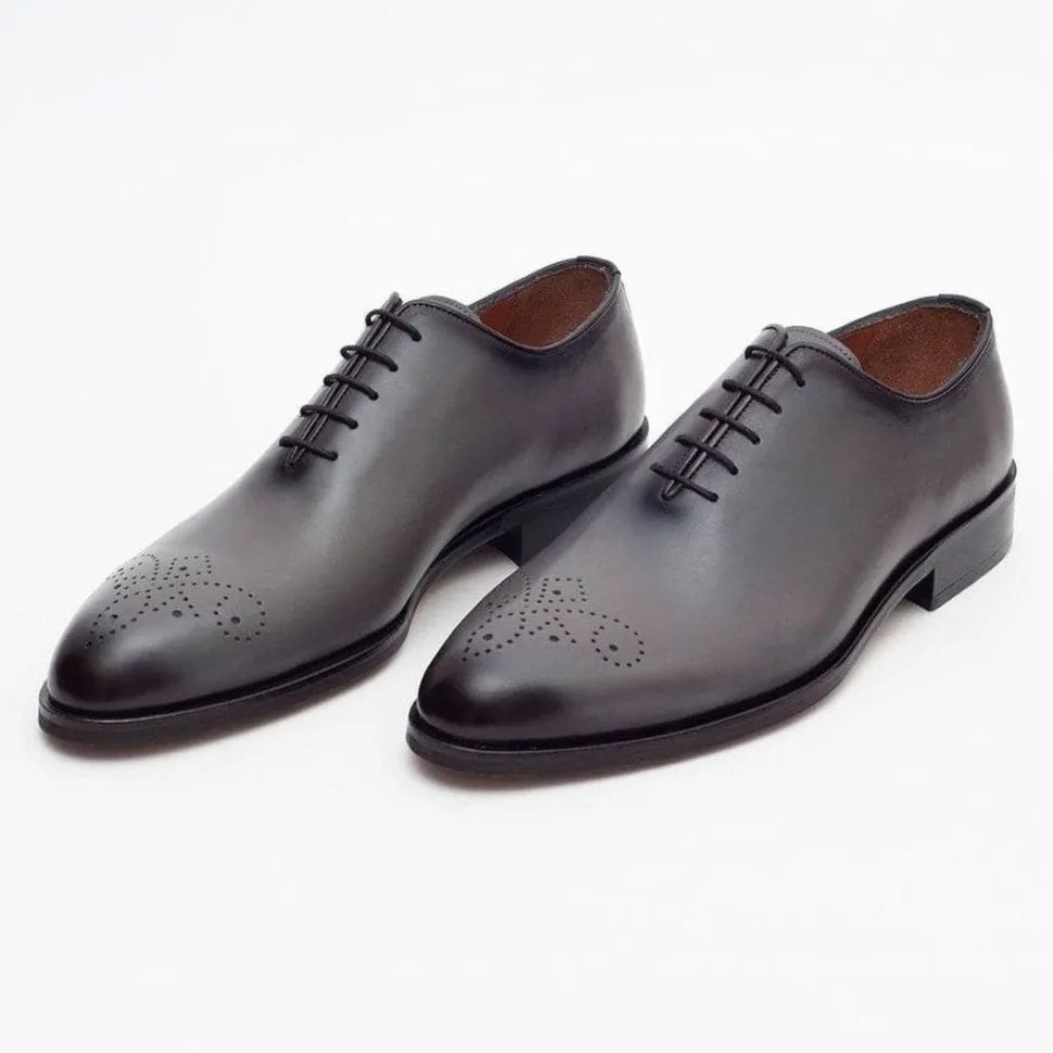 Ariston Mens Solid Gray Whole Cut Oxford Leather Dress Shoes