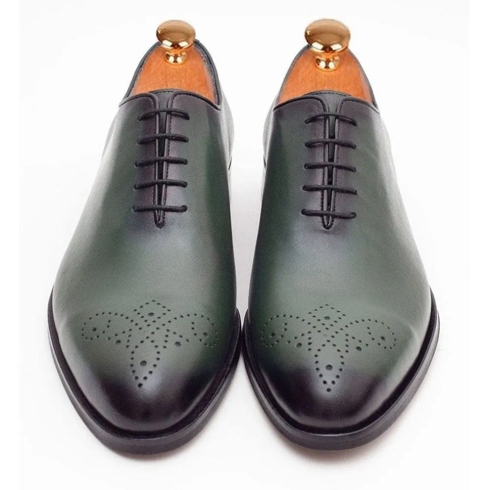 Ariston Mens Solid Green Whole Cut Oxford Leather Dress Shoes