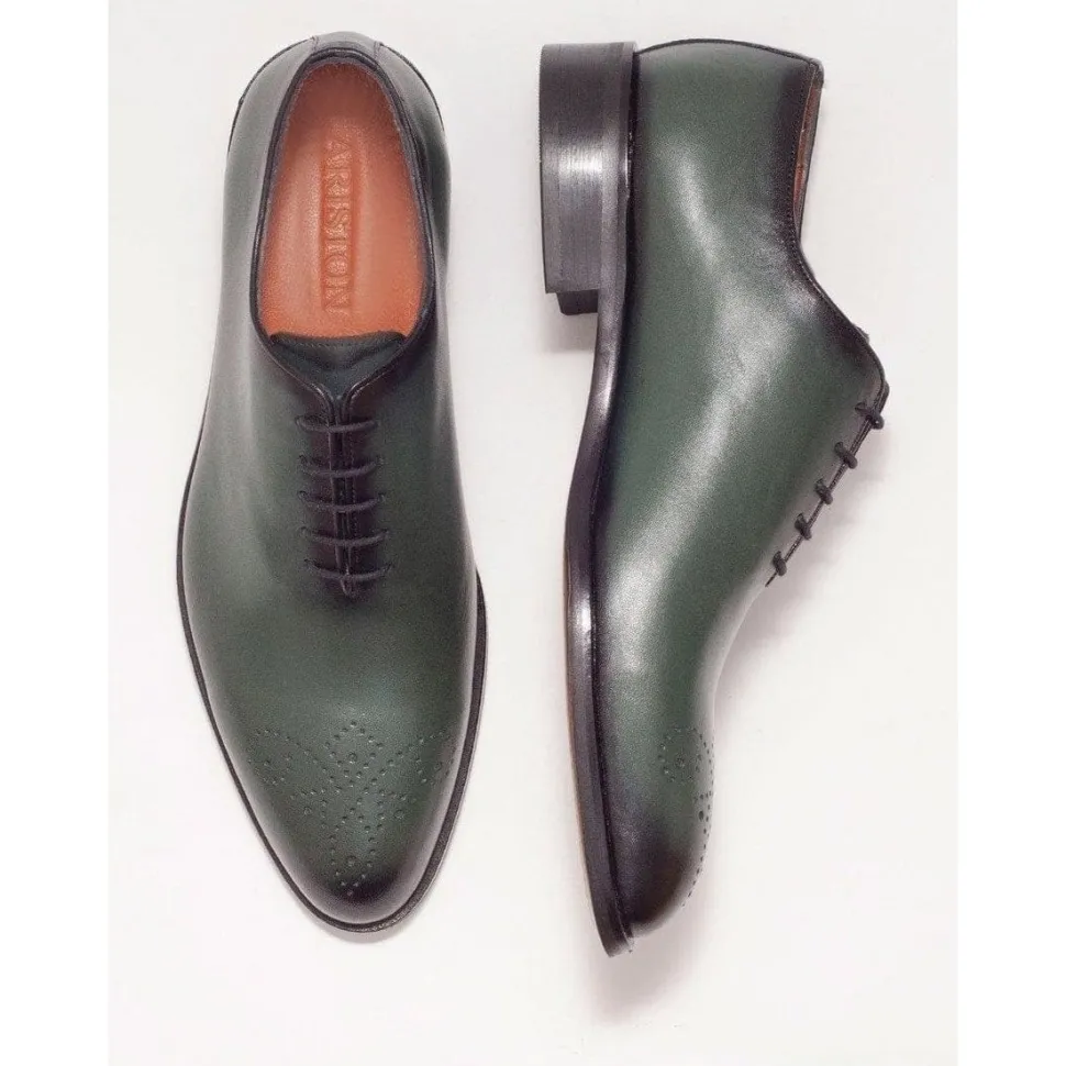 Ariston Mens Solid Green Whole Cut Oxford Leather Dress Shoes