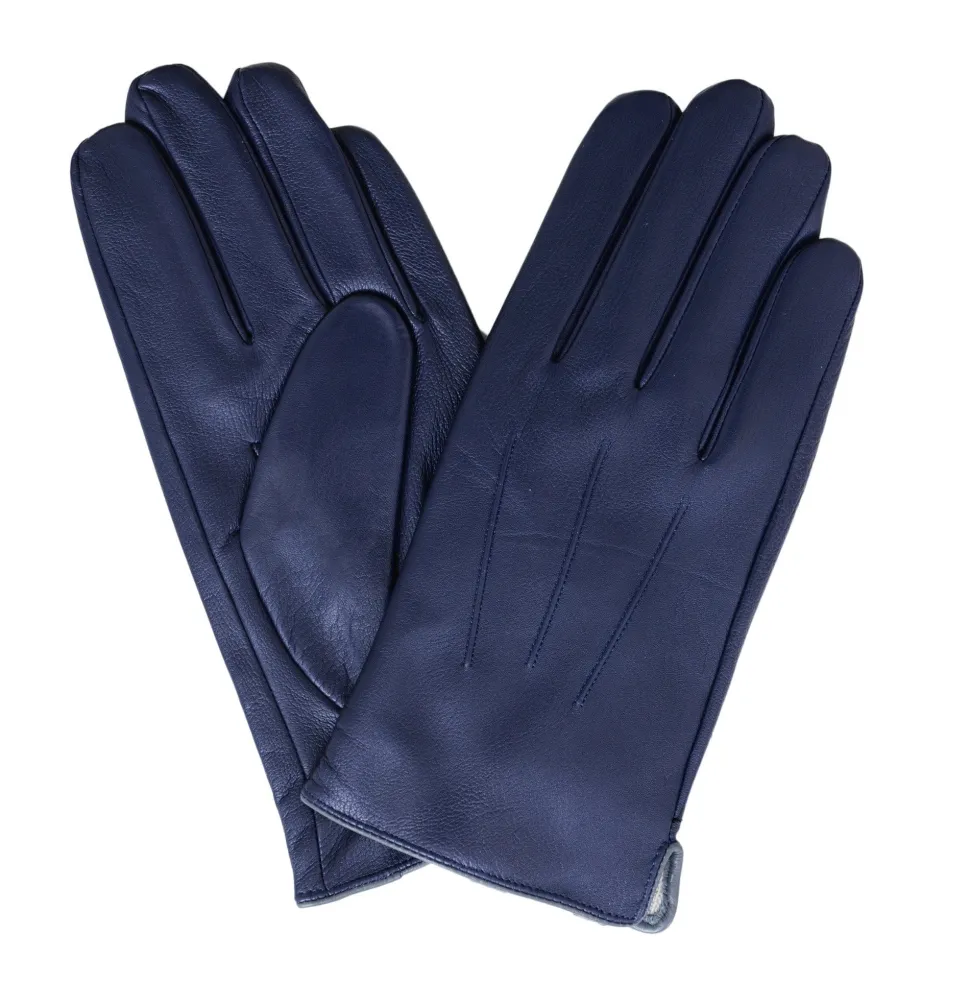 Ariston Mens Solid Navy Blue Touch Screen Genuine Leather Gloves