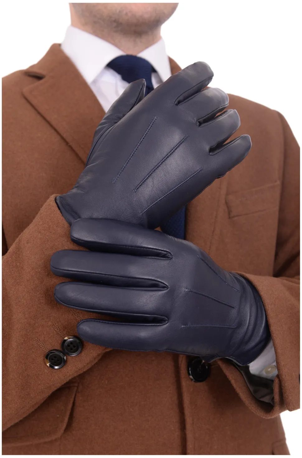 Ariston Mens Solid Navy Blue Touch Screen Genuine Leather Gloves