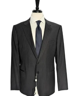 Armani Collezioni Black Pinstriped Notch Lapel Wool 2-Button Suit - 46R