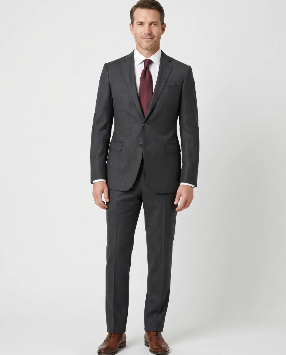 Armani Collezioni M-Line Charcoal Grey Pinstriped Notch Lapel Modern Fit 2 Button Wool Suit - 38R