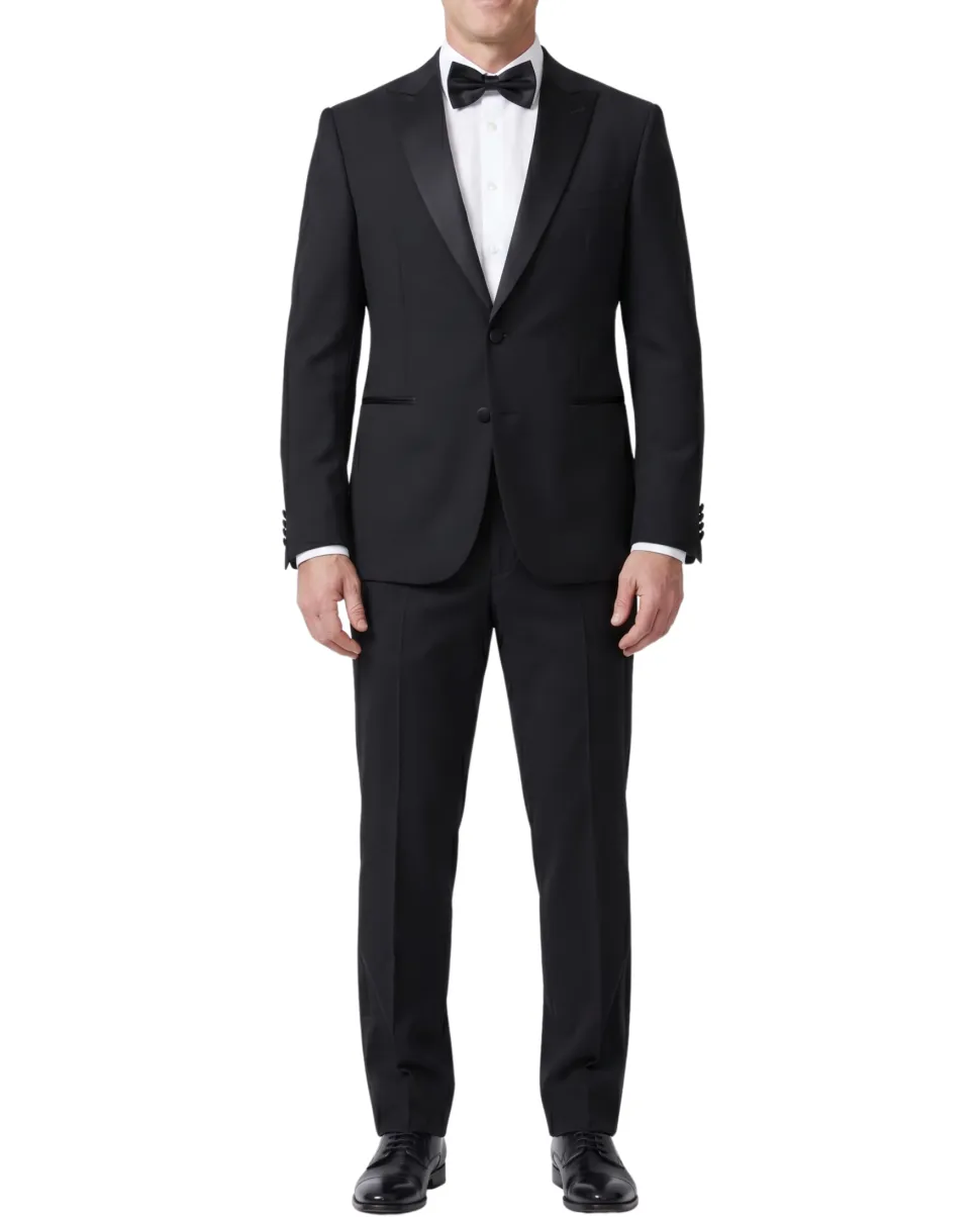 Armani Collezioni M Line Solid Black Slim Fit Peak Lapel Stretch 2-Button Wool Tuxedo - 44R