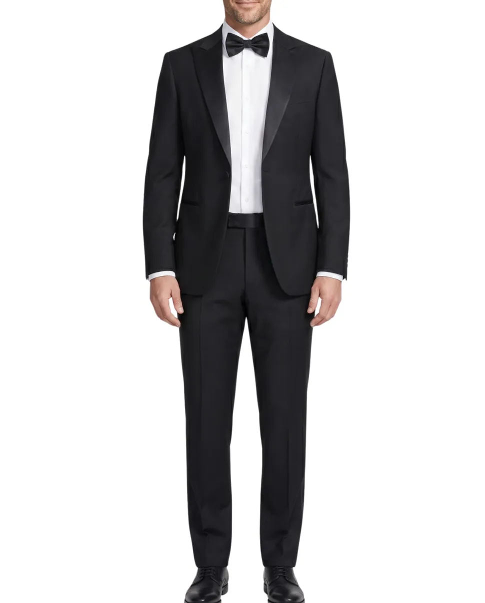 Armani Collezioni M Line Solid Black Classic Fit Peak Lapel 1-Button Wool Tuxedo 36R