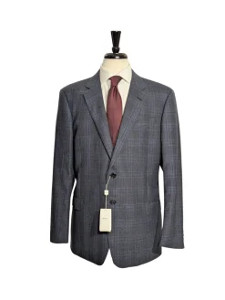 Armani Collezioni Navy Blue and Gray Check 100% Wool Notch Lapel 2 Button Suit 46R