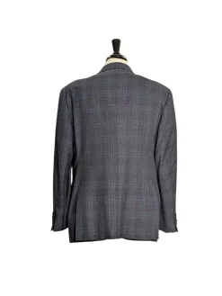 Armani Collezioni Navy Blue and Gray Check 100% Wool Notch Lapel 2 Button Suit 46R