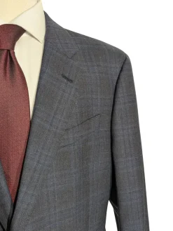 Armani Collezioni Navy Blue and Gray Check 100% Wool Notch Lapel 2 Button Suit 46R