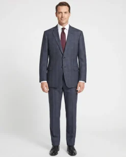 Armani Collezioni Navy Blue and Gray Check 100% Wool Notch Lapel 2 Button Suit 46R