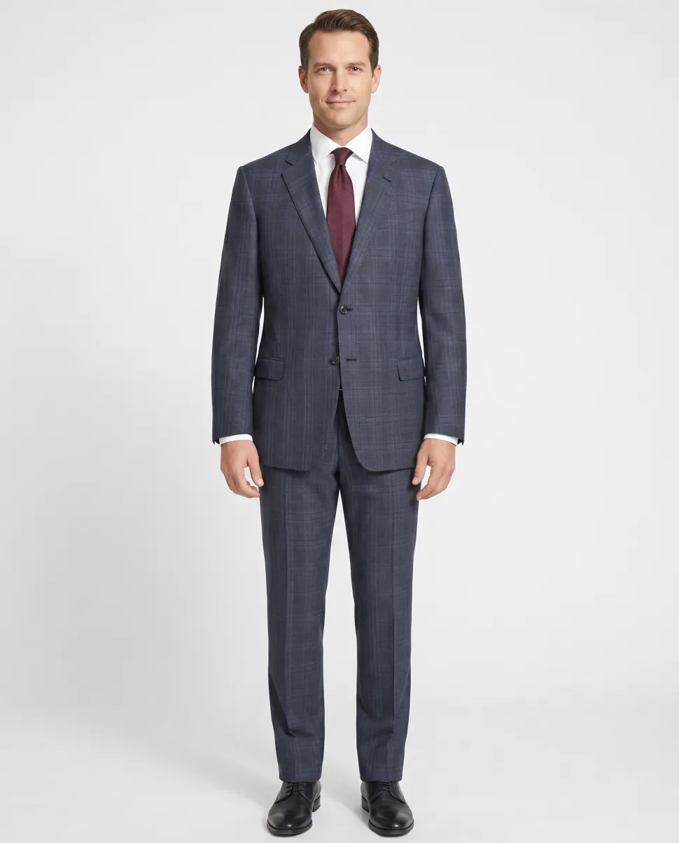 Armani Collezioni Navy Blue and Gray Check 100% Wool Notch Lapel 2 Button Suit 46R
