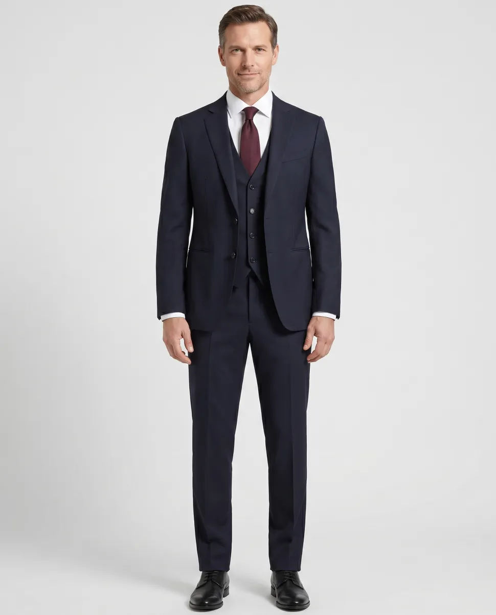 Armani Collezioni Navy Textured Slim Fit Notch Lapel 3 Piece Wool Suit 36R