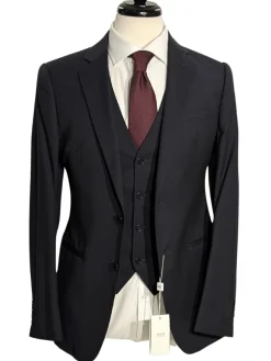 Armani Collezioni Navy Textured Slim Fit Notch Lapel 3 Piece Wool Suit 36R