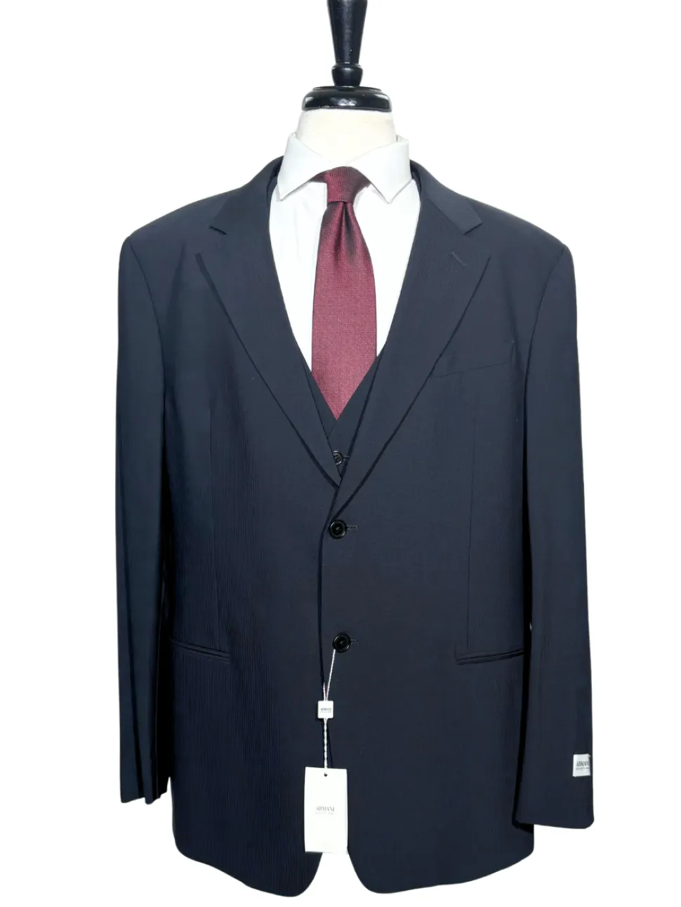 Armani Collezioni Navy Tonal Pinstriped Notch Lapel 3-Piece wool Stretch Suit - 48R