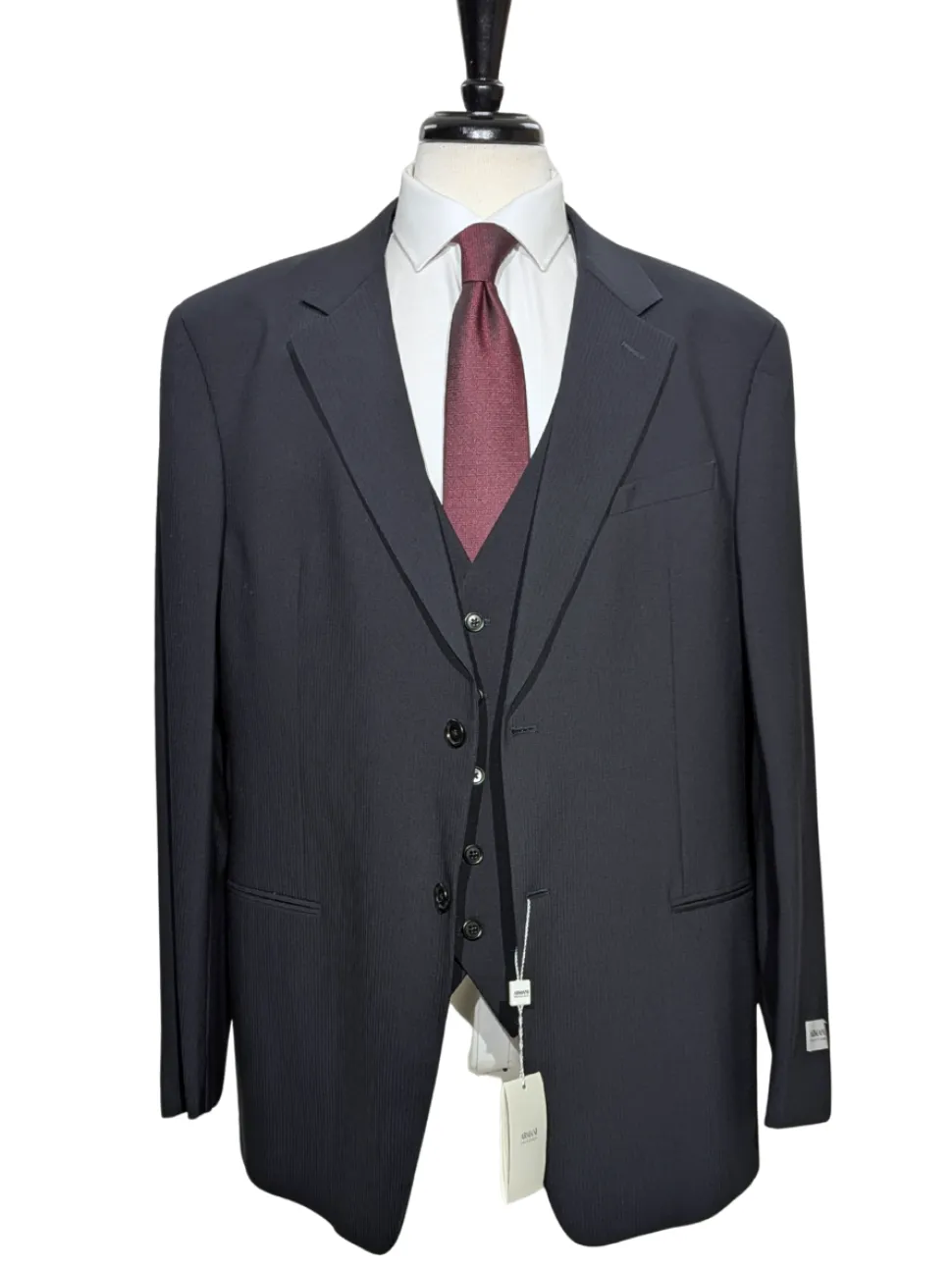 Armani Collezioni Navy Tonal Pinstriped Notch Lapel 3-Piece wool Stretch Suit - 48R