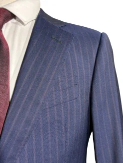Armani Collezioni S-Line Blue With Burgundy Pinstriped Notch Lapel Wool 2-Button Suit - 36R