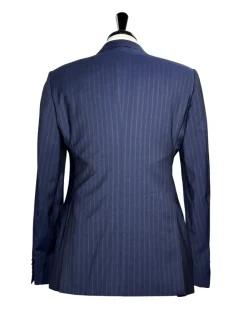 Armani Collezioni S-Line Blue With Burgundy Pinstriped Notch Lapel Wool 2-Button Suit - 36R